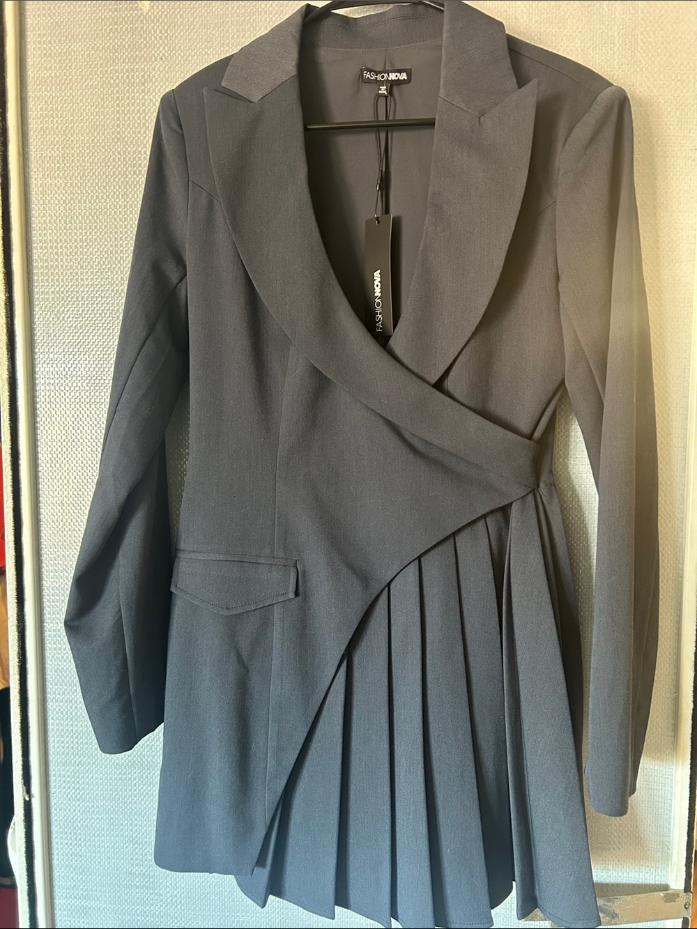 Fashion Nova Black Asymmetrical Pleated Wrap Blazer Dress